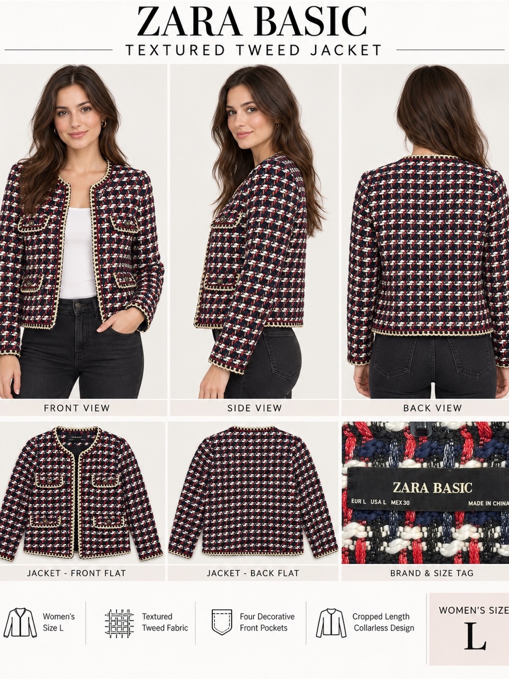Zara Basic Tweed Bouclé Jacket Women’s L Red Black White Gold Trim Blazer